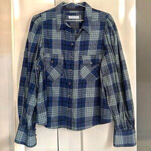 We The Free Free People Blue Green Plaid Puff Sleeve Button Cropped Flannel
